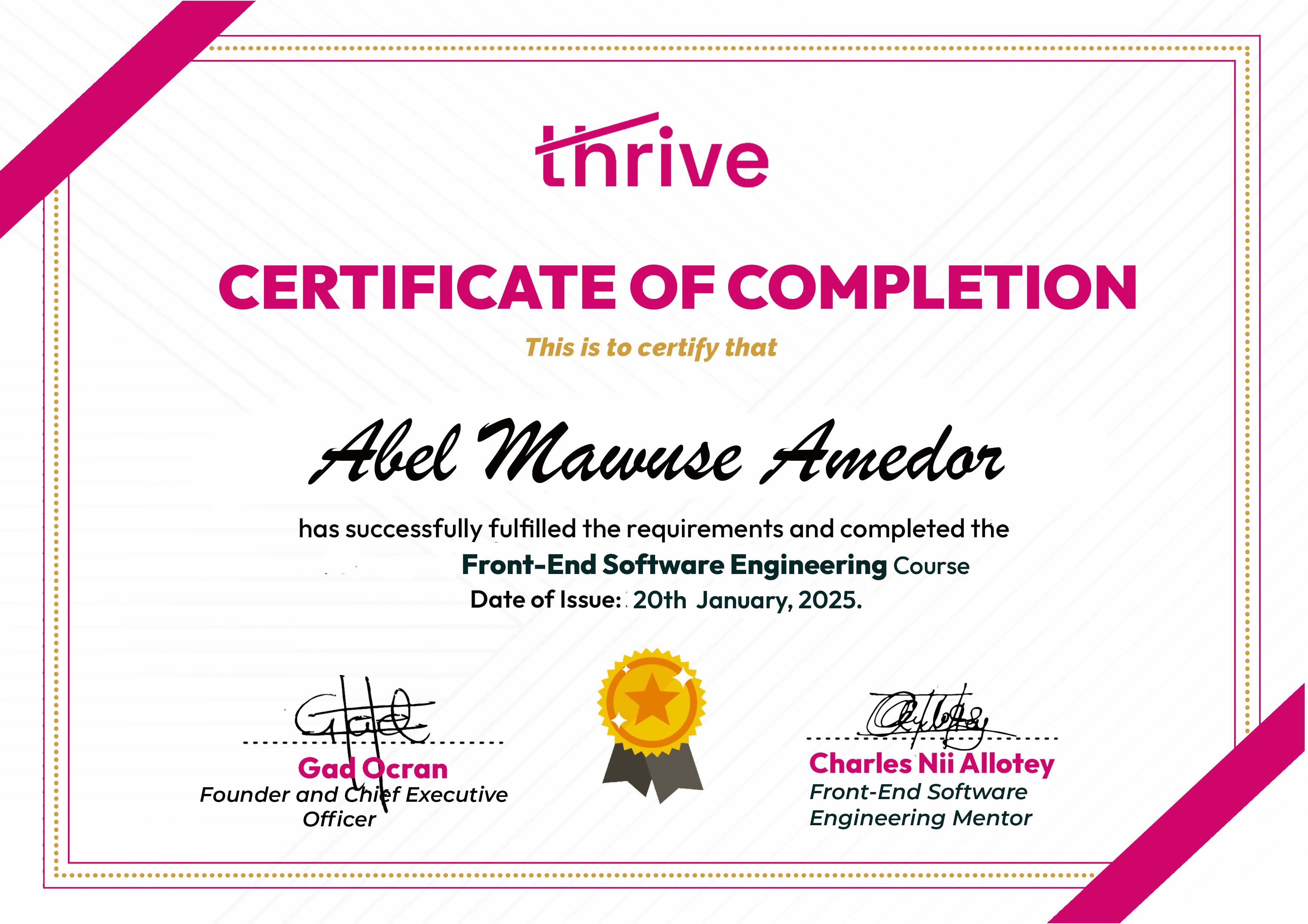 Thrive certificate